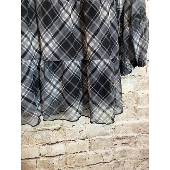 Terra & Sky Babydoll Top Womens 1X Gray Plaid Mesh Balloon Sleeve Ruffle Boho - Picture 6 of 12
